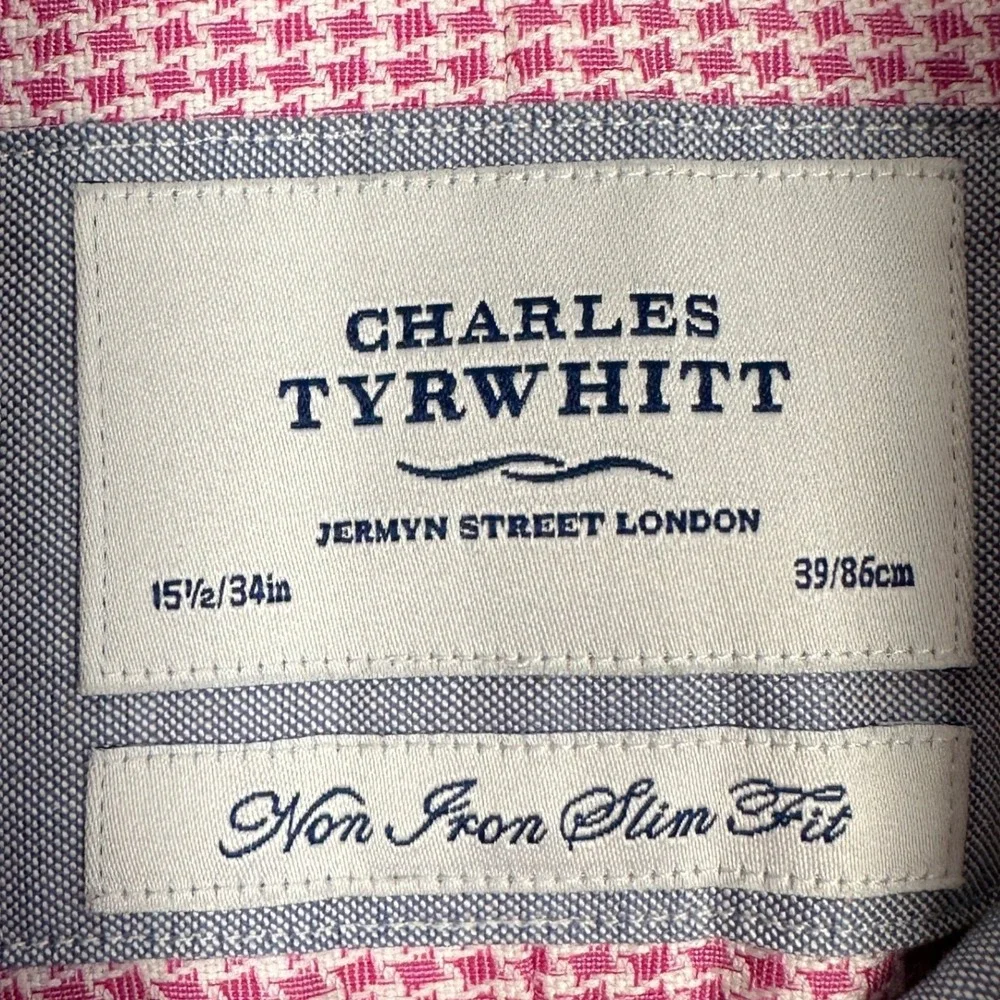 Charles Tyrwhitt Shirt Mens 15.5-34 Non-Iron Slim Fit Pink Micro-Check Dress EUC
